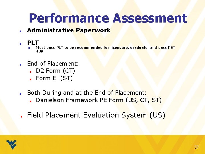 Performance Assessment ■ Administrative Paperwork ■ PLT ■ ■ Must pass PLT to be