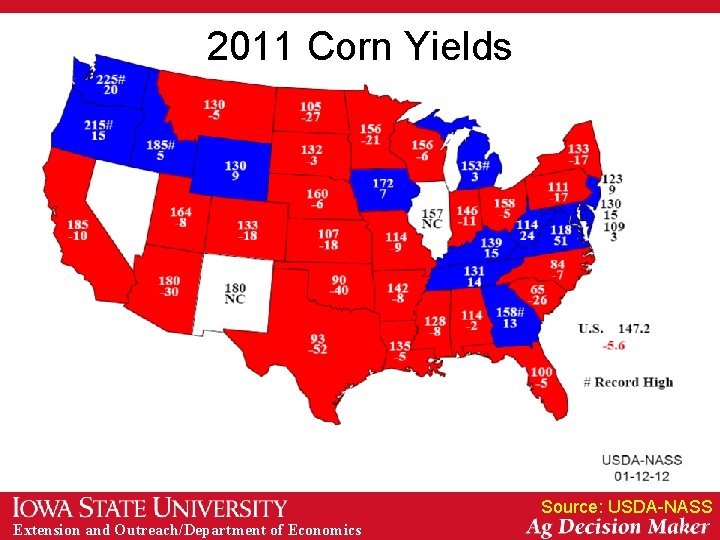 2011 Corn Yields Source: USDA-NASS Extension and Outreach/Department of Economics 