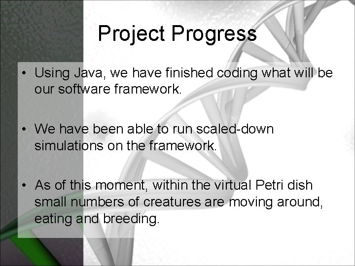 Project Progress • Using Java, we have finished coding what will be our software