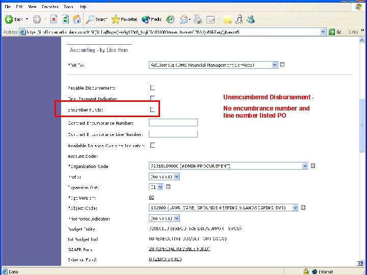 Unencumbered Disbursement No encumbrance number and line number listed PO 32 