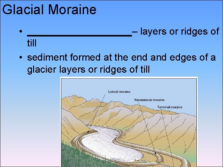Glacial Moraine • __________– layers or ridges of till • sediment formed at the