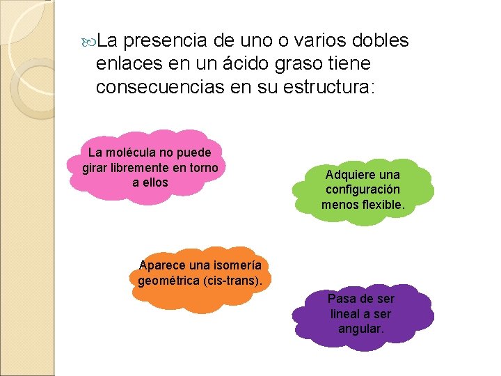  La presencia de uno o varios dobles enlaces en un ácido graso tiene