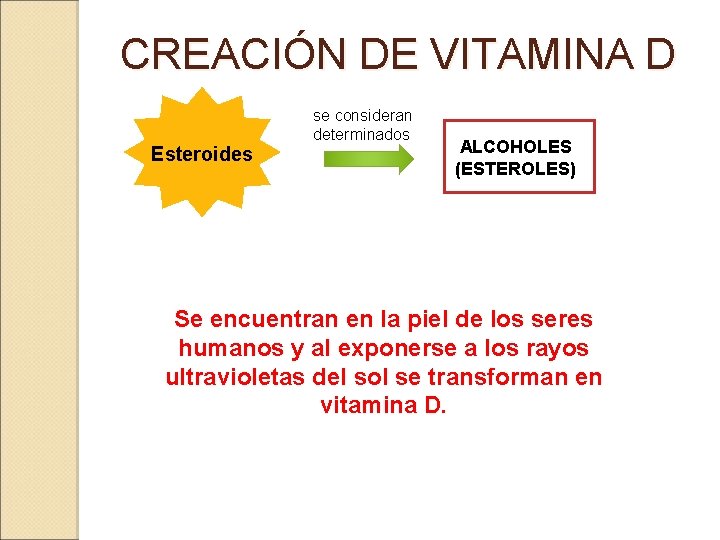 CREACIÓN DE VITAMINA D Esteroides se consideran determinados ALCOHOLES (ESTEROLES) Se encuentran en la