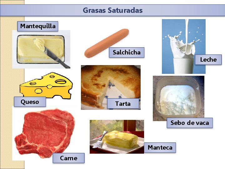 Grasas Saturadas Mantequilla Salchicha Queso Leche Tarta Sebo de vaca Manteca Carne 