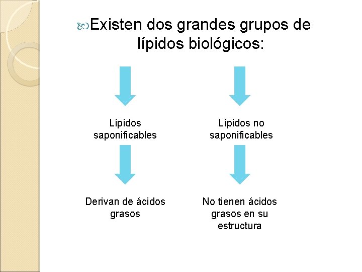  Existen dos grandes grupos de lípidos biológicos: Lípidos saponificables Lípidos no saponificables Derivan