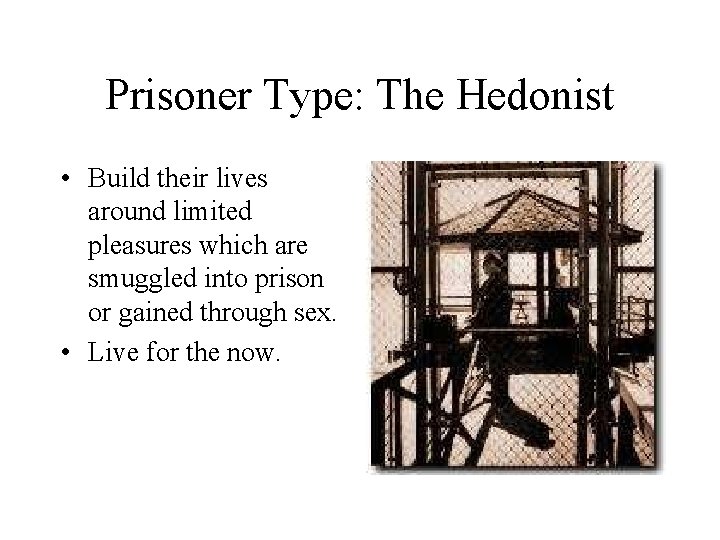 Prisoner Type: The Hedonist • Build their lives around limited pleasures which are smuggled