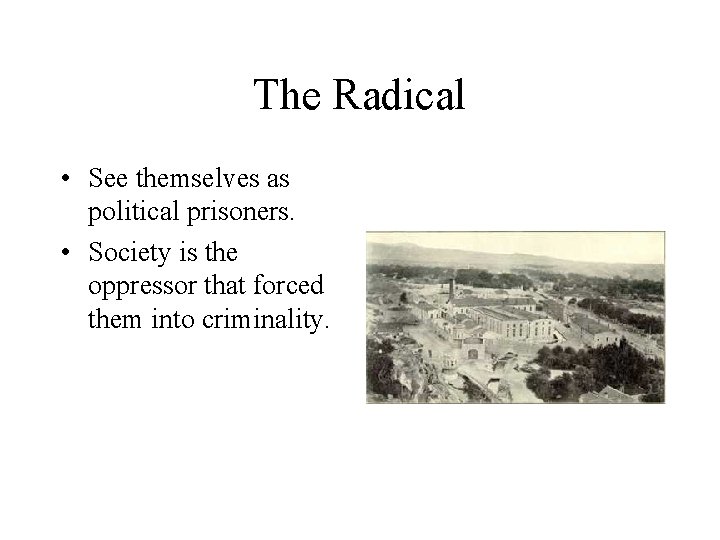 The Radical • See themselves as political prisoners. • Society is the oppressor that