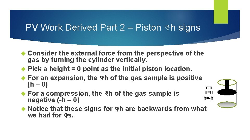 PV Work Derived Part 2 – Piston h signs Consider the external force from