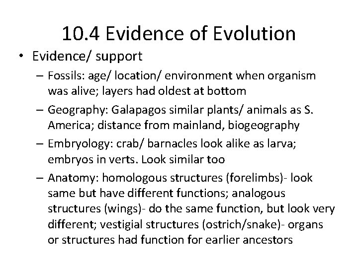 10. 4 Evidence of Evolution • Evidence/ support – Fossils: age/ location/ environment when