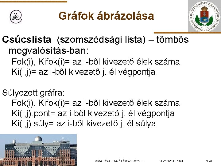 Gráfok ábrázolása Csúcslista (szomszédsági lista) – tömbös megvalósítás-ban: Fok(i), Kifok(i)= az i-ből kivezető élek