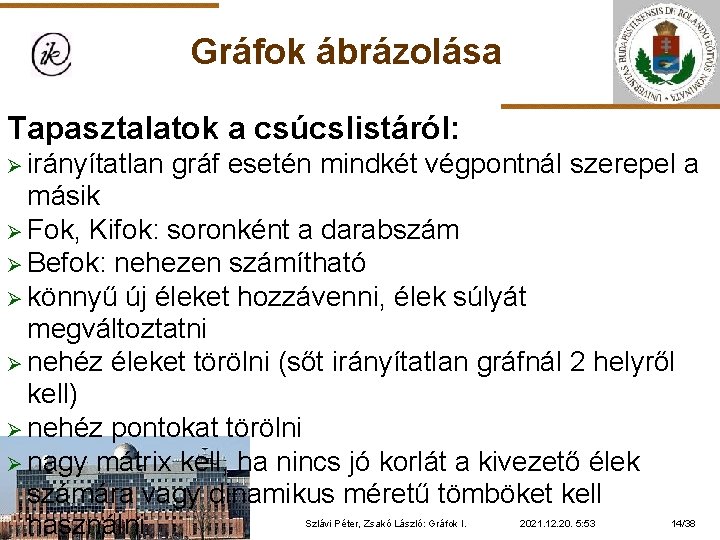 Gráfok ábrázolása Tapasztalatok a csúcslistáról: Ø irányítatlan gráf esetén mindkét végpontnál szerepel a másik