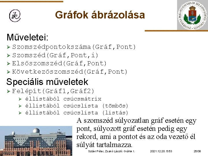 Gráfok ábrázolása Műveletei: Szomszédpontokszáma(Gráf, Pont) Ø Szomszéd(Gráf, Pont, i) Ø Elsőszomszéd(Gráf, Pont) Ø Következőszomszéd(Gráf,