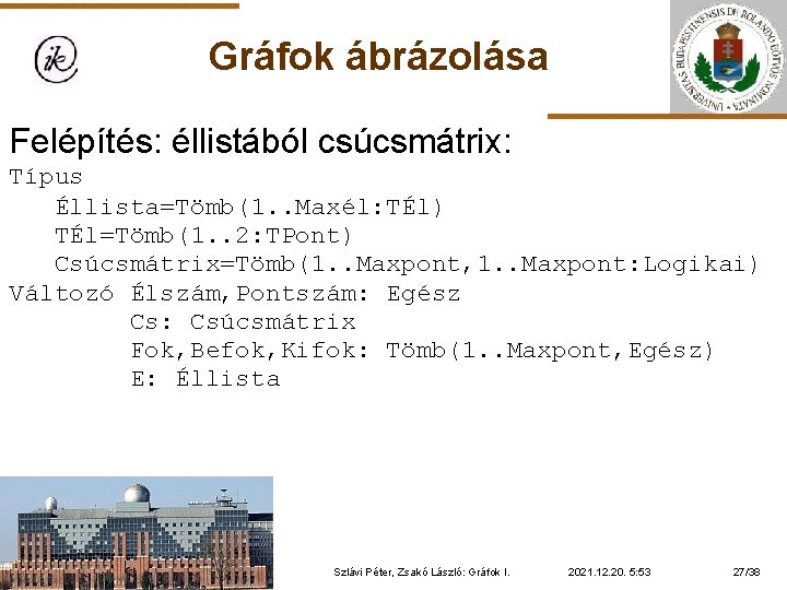 Gráfok ábrázolása Felépítés: éllistából csúcsmátrix: Típus Éllista=Tömb(1. . Maxél: TÉl) TÉl=Tömb(1. . 2: TPont)