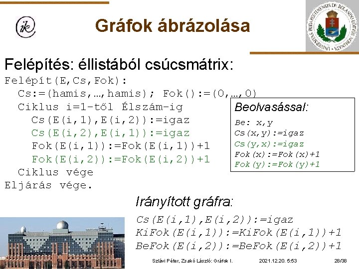 Gráfok ábrázolása Felépítés: éllistából csúcsmátrix: Felépít(E, Cs, Fok): Cs: =(hamis, …, hamis); Fok(): =(0,