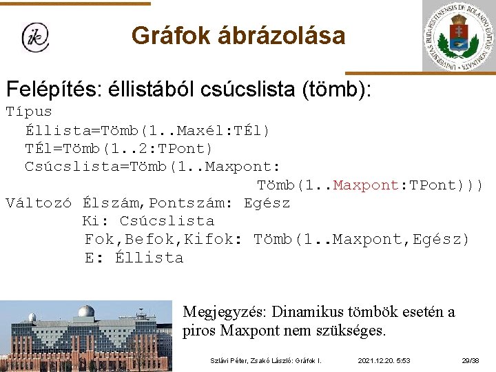 Gráfok ábrázolása Felépítés: éllistából csúcslista (tömb): Típus Éllista=Tömb(1. . Maxél: TÉl) TÉl=Tömb(1. . 2: