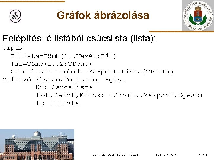 Gráfok ábrázolása Felépítés: éllistából csúcslista (lista): Típus Éllista=Tömb(1. . Maxél: TÉl) TÉl=Tömb(1. . 2: