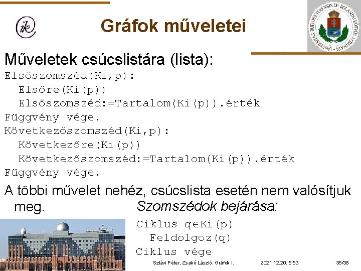 Gráfok műveletei Műveletek csúcslistára (lista): Elsőszomszéd(Ki, p): Elsőre(Ki(p)) Elsőszomszéd: =Tartalom(Ki(p)). érték Függvény vége. Következőszomszéd(Ki,