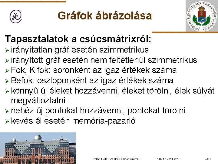 Gráfok ábrázolása Tapasztalatok a csúcsmátrixról: Ø irányítatlan gráf esetén szimmetrikus Ø irányított gráf esetén