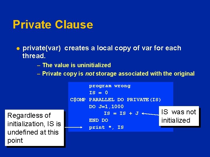 Private Clause l private(var) creates a local copy of var for each thread. –