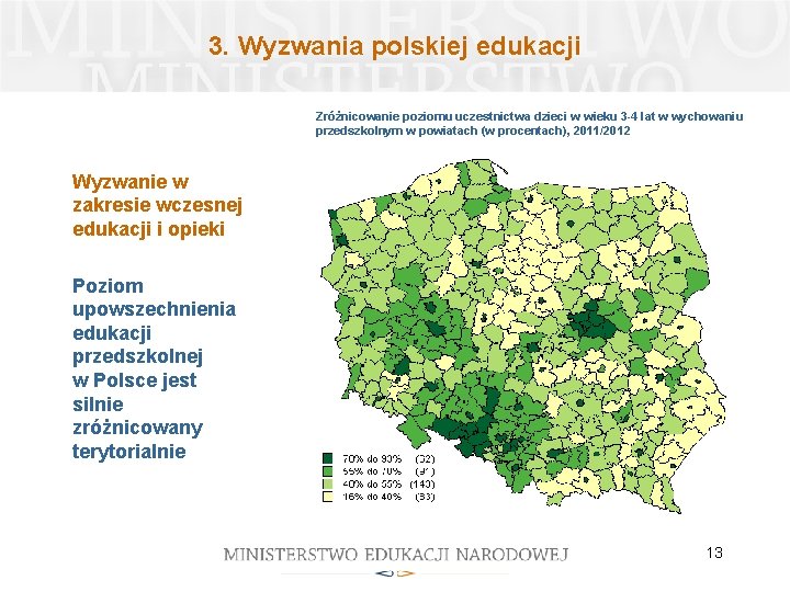 3. Wyzwania polskiej edukacji Zróżnicowanie poziomu uczestnictwa dzieci w wieku 3 -4 lat w