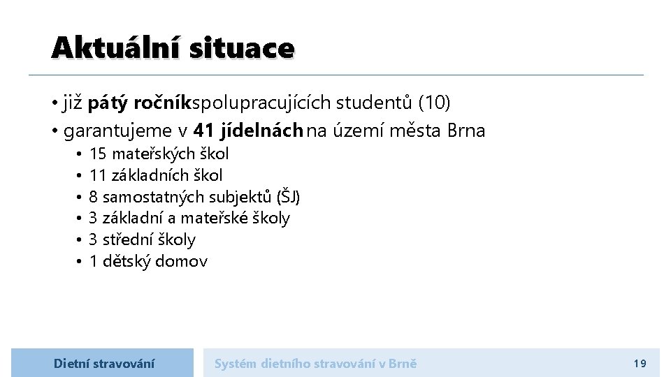 Aktuální situace • již pátý ročník spolupracujících studentů (10) • garantujeme v 41 jídelnách