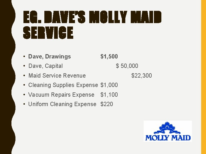 EG. DAVE’S MOLLY MAID SERVICE • Dave, Drawings $1, 500 • Dave, Capital $