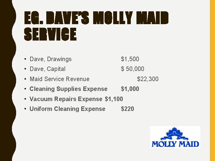 EG. DAVE’S MOLLY MAID SERVICE • Dave, Drawings $1, 500 • Dave, Capital $