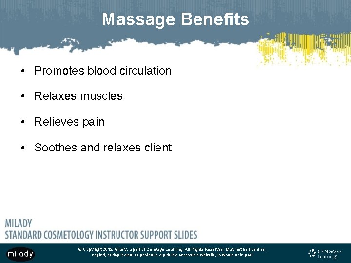 Massage Benefits • Promotes blood circulation • Relaxes muscles • Relieves pain • Soothes