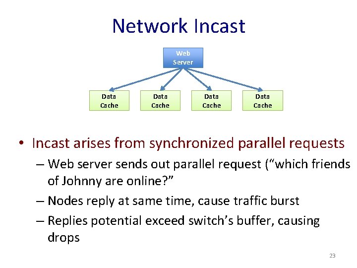 Network Incast Web Server Data Cache • Incast arises from synchronized parallel requests –