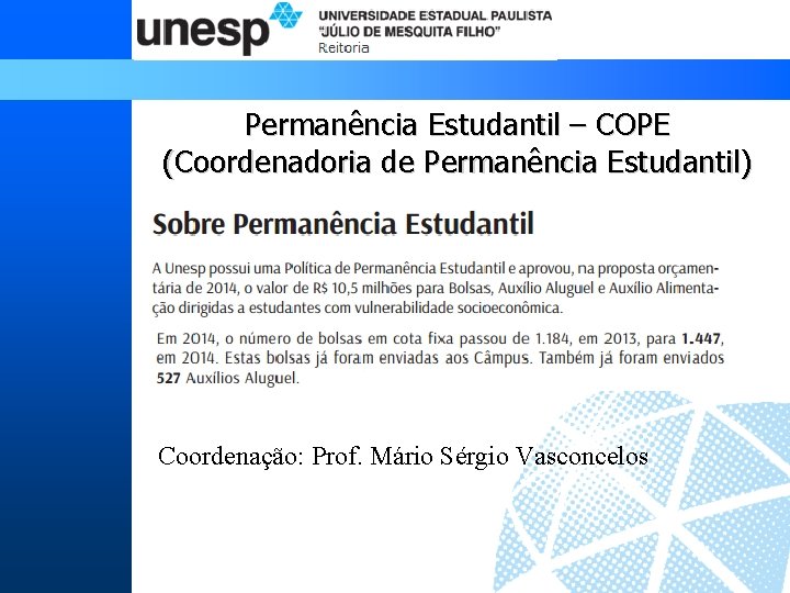 Permanência Estudantil – COPE (Coordenadoria de Permanência Estudantil) Coordenação: Prof. Mário Sérgio Vasconcelos 