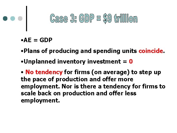  • AE = GDP • Plans of producing and spending units coincide. •