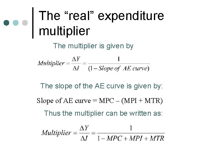 The “real” expenditure multiplier The multiplier is given by The slope of the AE