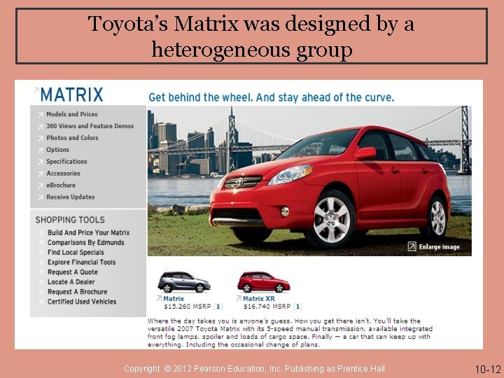 Toyota’s Matrix was designed by a heterogeneous group Copyright © 2012 Pearson Education, Inc.