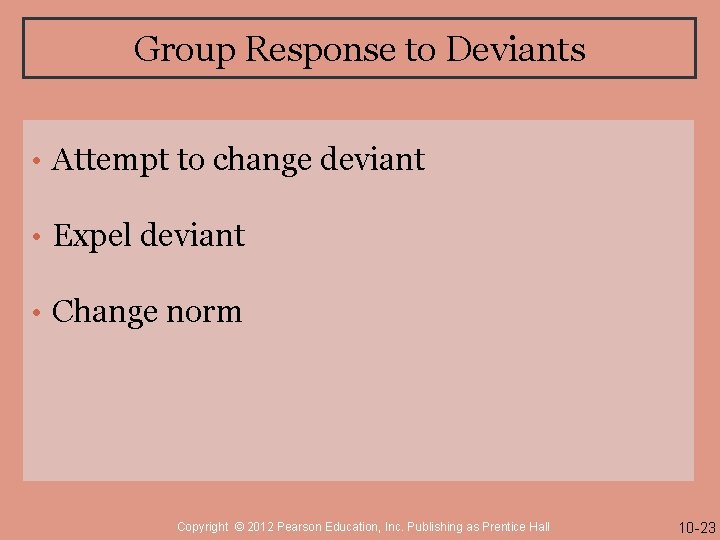 Group Response to Deviants • Attempt to change deviant • Expel deviant • Change