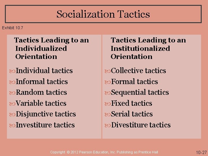 Socialization Tactics Exhibit 10. 7 Tactics Leading to an Individualized Orientation Tactics Leading to