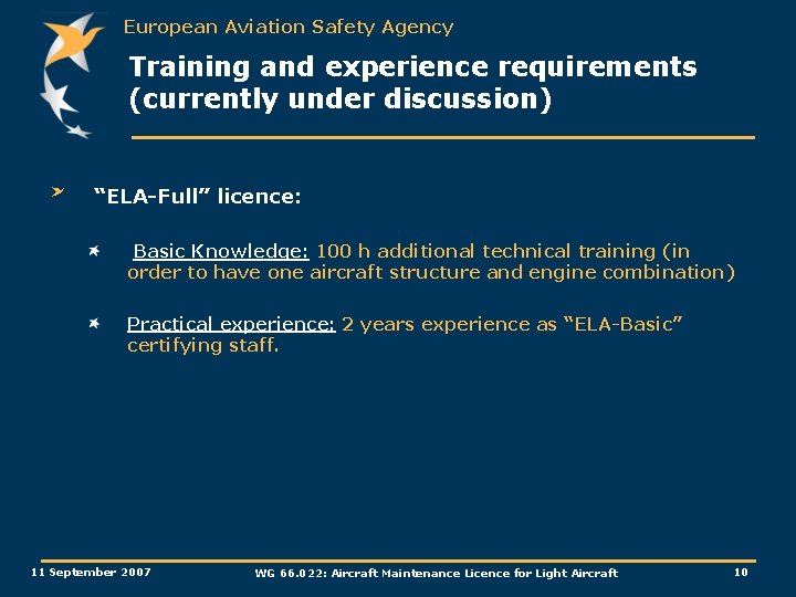 European Aviation Safety Agency Training and experience requirements (currently under discussion) “ELA-Full” licence: Basic