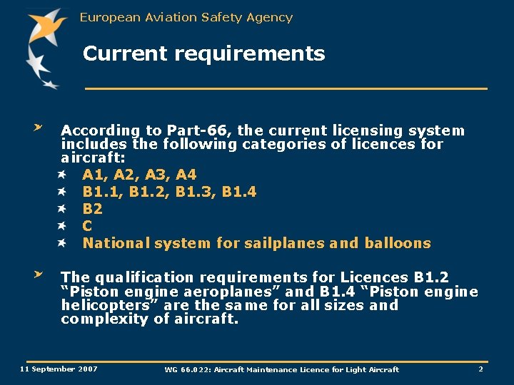 European Aviation Safety Agency Current requirements According to Part-66, the current licensing system includes