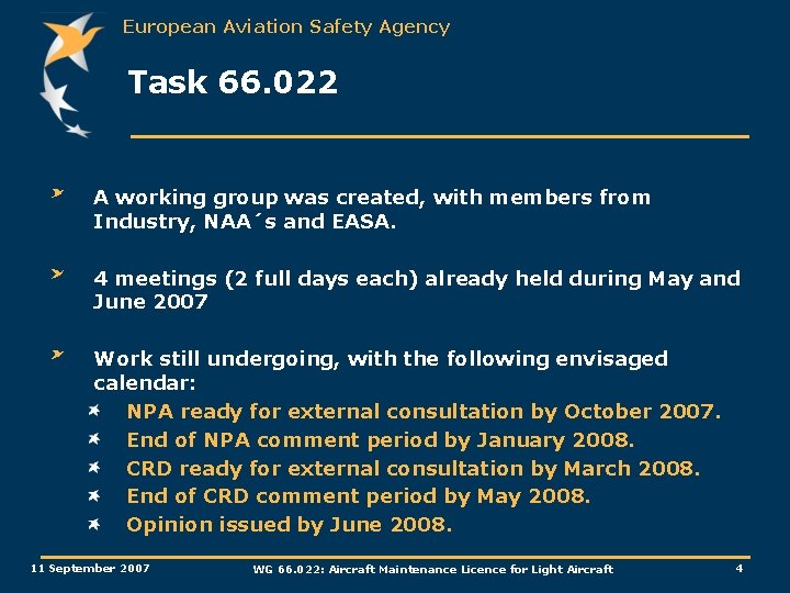 European Aviation Safety Agency Task 66. 022 A working group was created, with members