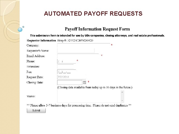 AUTOMATED PAYOFF REQUESTS 