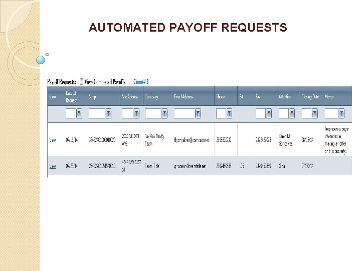 AUTOMATED PAYOFF REQUESTS 