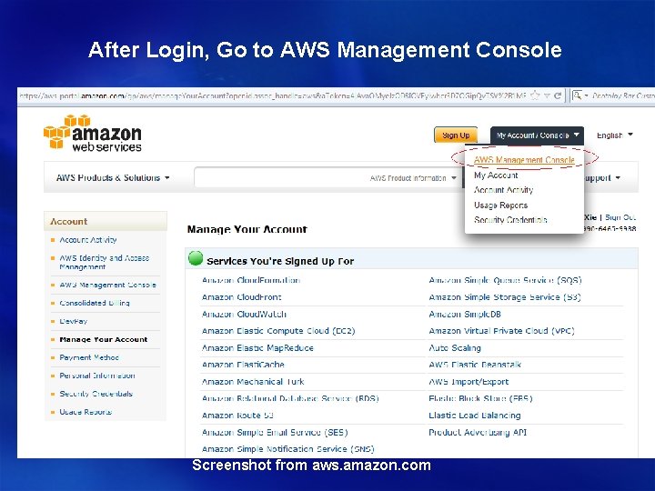 After Login, Go to AWS Management Console Screenshot from aws. amazon. com 