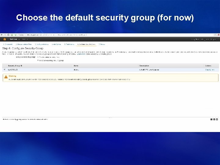 Choose the default security group (for now) 