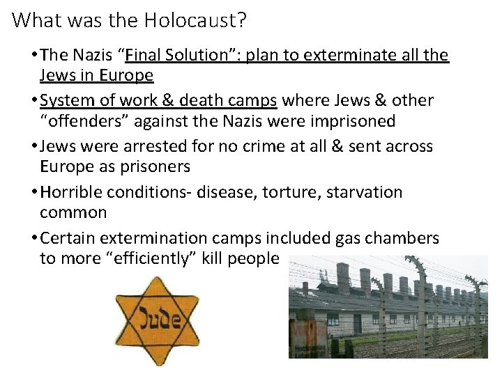 What was the Holocaust? • The Nazis “Final Solution”: plan to exterminate all the