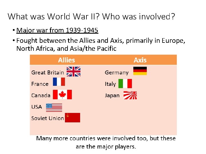 What was World War II? Who was involved? • Major war from 1939 -1945