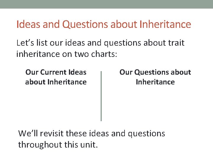 Ideas and Questions about Inheritance Let’s list our ideas and questions about trait inheritance