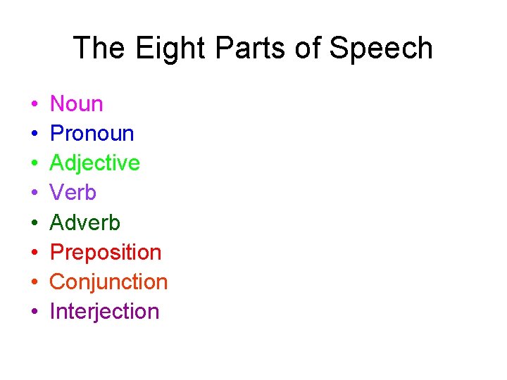 The Eight Parts of Speech • • Noun Pronoun Adjective Verb Adverb Preposition Conjunction