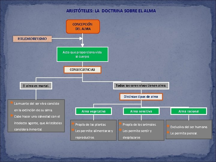 ARISTÓTELES: LA DOCTRINA SOBRE EL ALMA CONCEPCIÓN DEL ALMA HILEMORFISMO Acto que proporciona vida