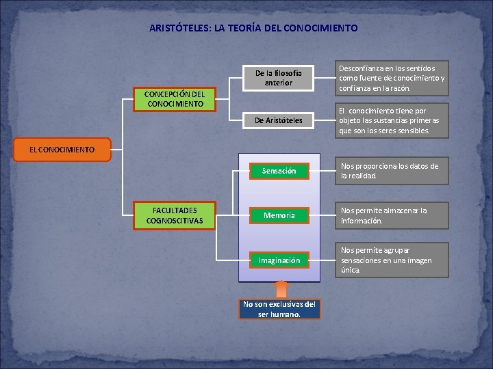 ARISTÓTELES: LA TEORÍA DEL CONOCIMIENTO De la filosofía anterior Desconfianza en los sentidos como