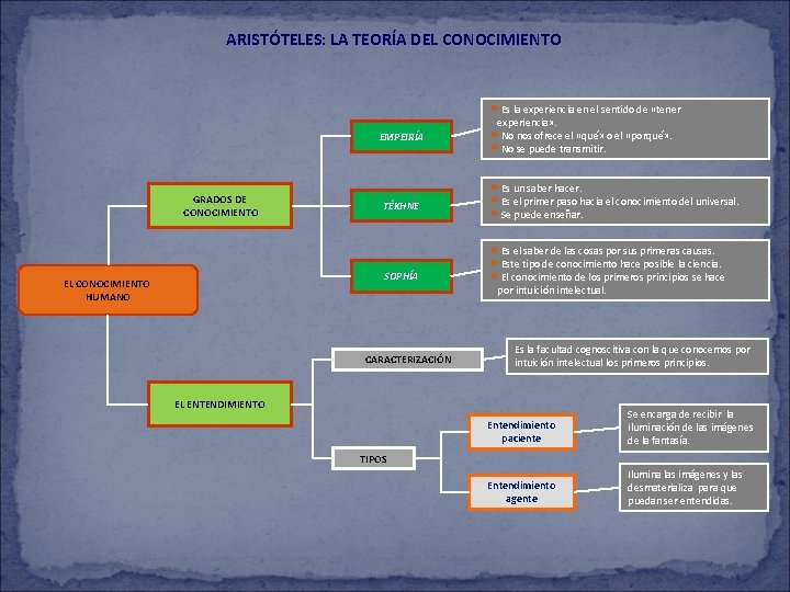 ARISTÓTELES: LA TEORÍA DEL CONOCIMIENTO • Es la experiencia en el sentido de «tener