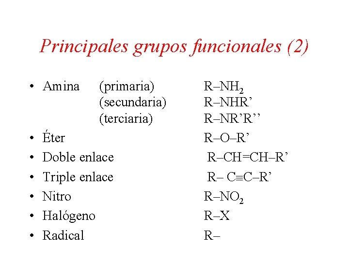 Principales grupos funcionales (2) • Amina • • • (primaria) (secundaria) (terciaria) Éter Doble